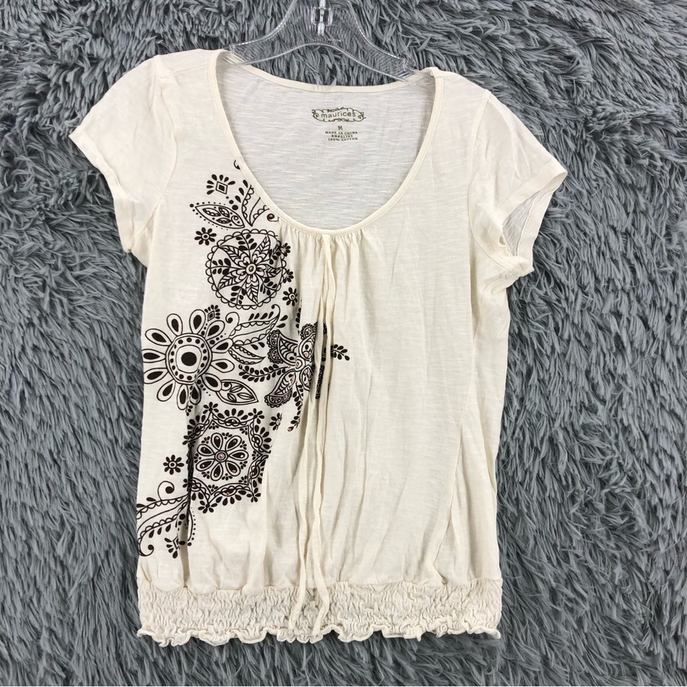 Maurices Top Womens Size Medium Embellished Flower Ruffle Hem Shirt